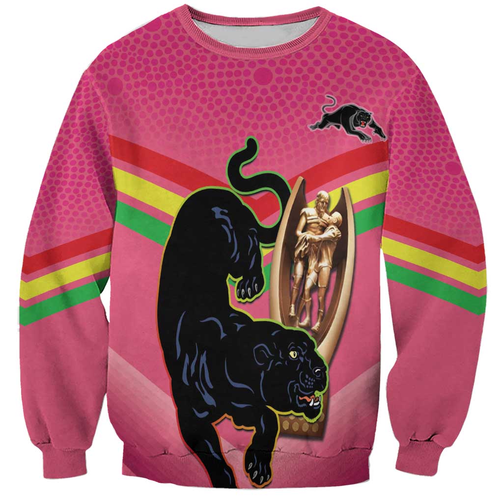 Personalised Panthers Rugby 2024 Sweatshirt Mascot With Trophy Go Champions Aboriginal Art - Pink