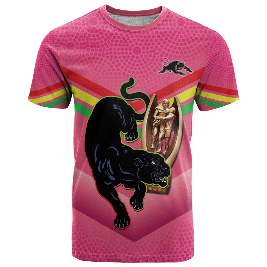 Personalised Panthers Rugby 2024 T Shirt Mascot With Trophy Go Champions Aboriginal Art - Pink