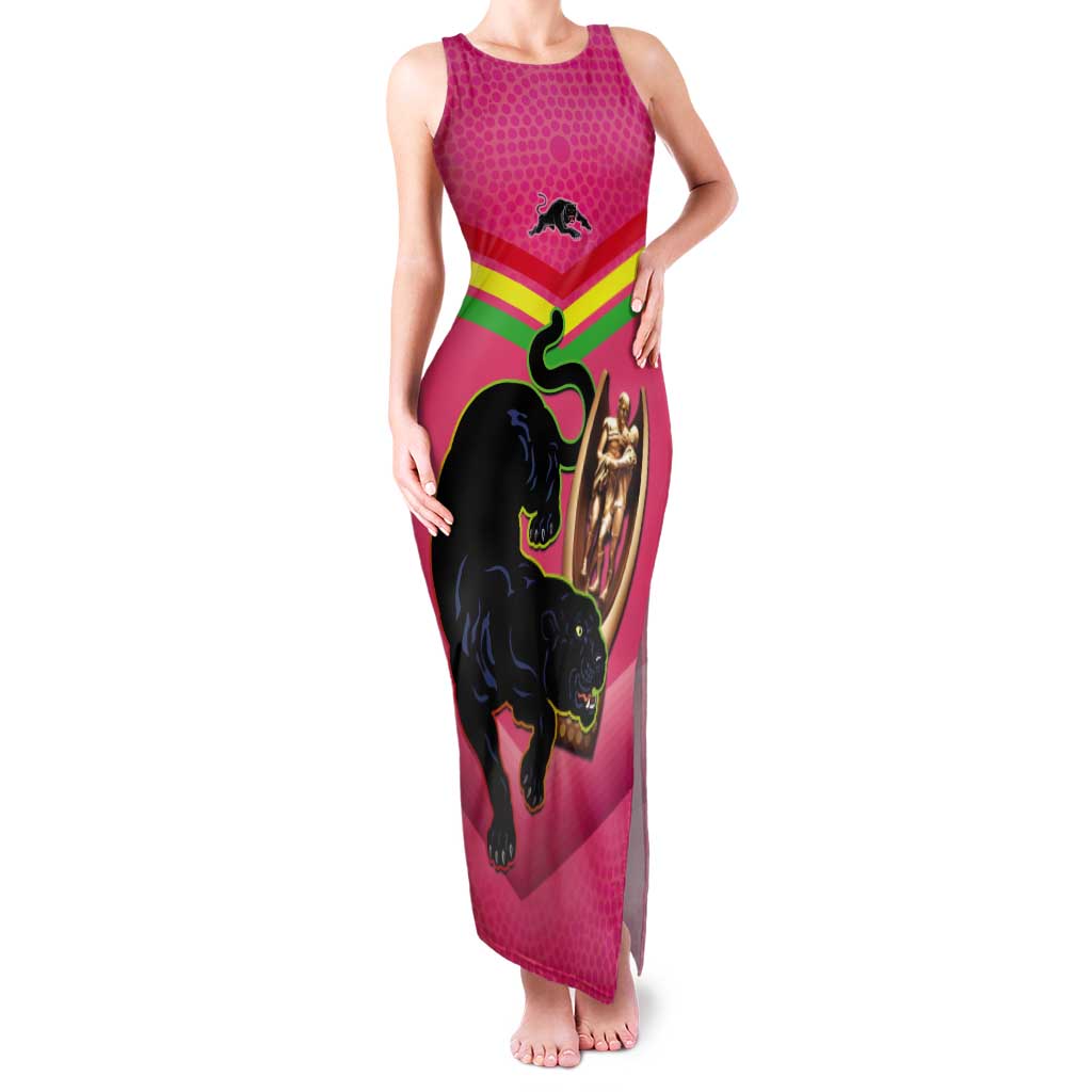Personalised Panthers Rugby 2024 Tank Maxi Dress Mascot With Trophy Go Champions Aboriginal Art - Pink