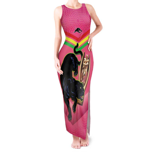 Personalised Panthers Rugby 2024 Tank Maxi Dress Mascot With Trophy Go Champions Aboriginal Art - Pink