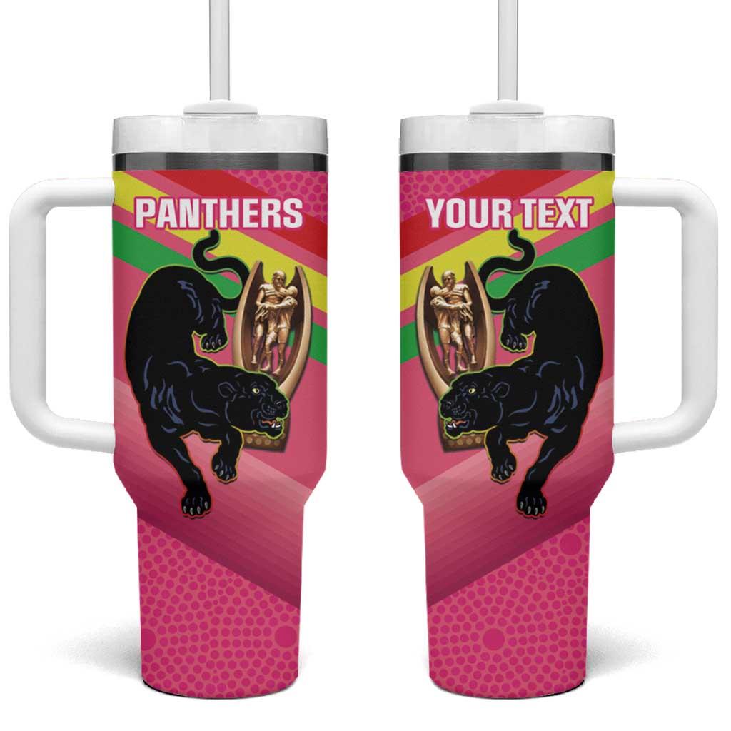 Personalised Panthers Rugby 2024 Tumbler With Handle Mascot With Trophy Go Champions Aboriginal Art - Pink