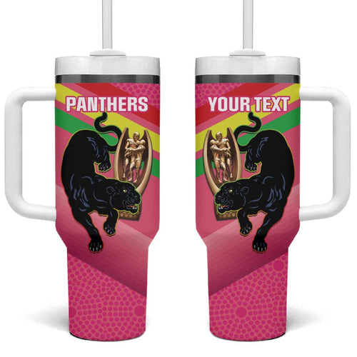 Personalised Panthers Rugby 2024 Tumbler With Handle Mascot With Trophy Go Champions Aboriginal Art - Pink