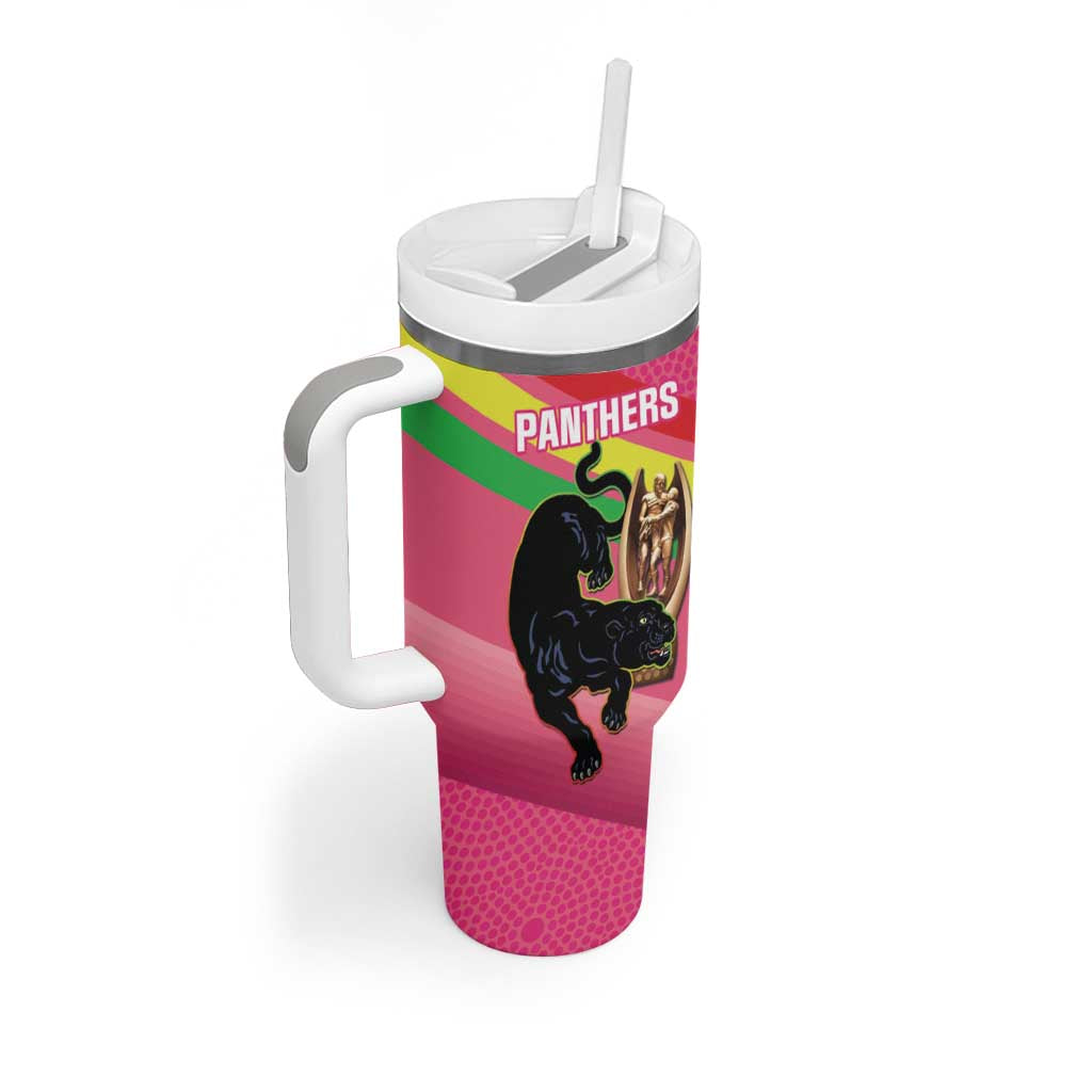 Personalised Panthers Rugby 2024 Tumbler With Handle Mascot With Trophy Go Champions Aboriginal Art - Pink