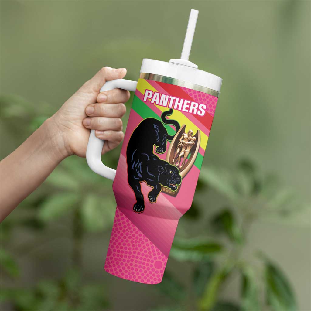 Personalised Panthers Rugby 2024 Tumbler With Handle Mascot With Trophy Go Champions Aboriginal Art - Pink