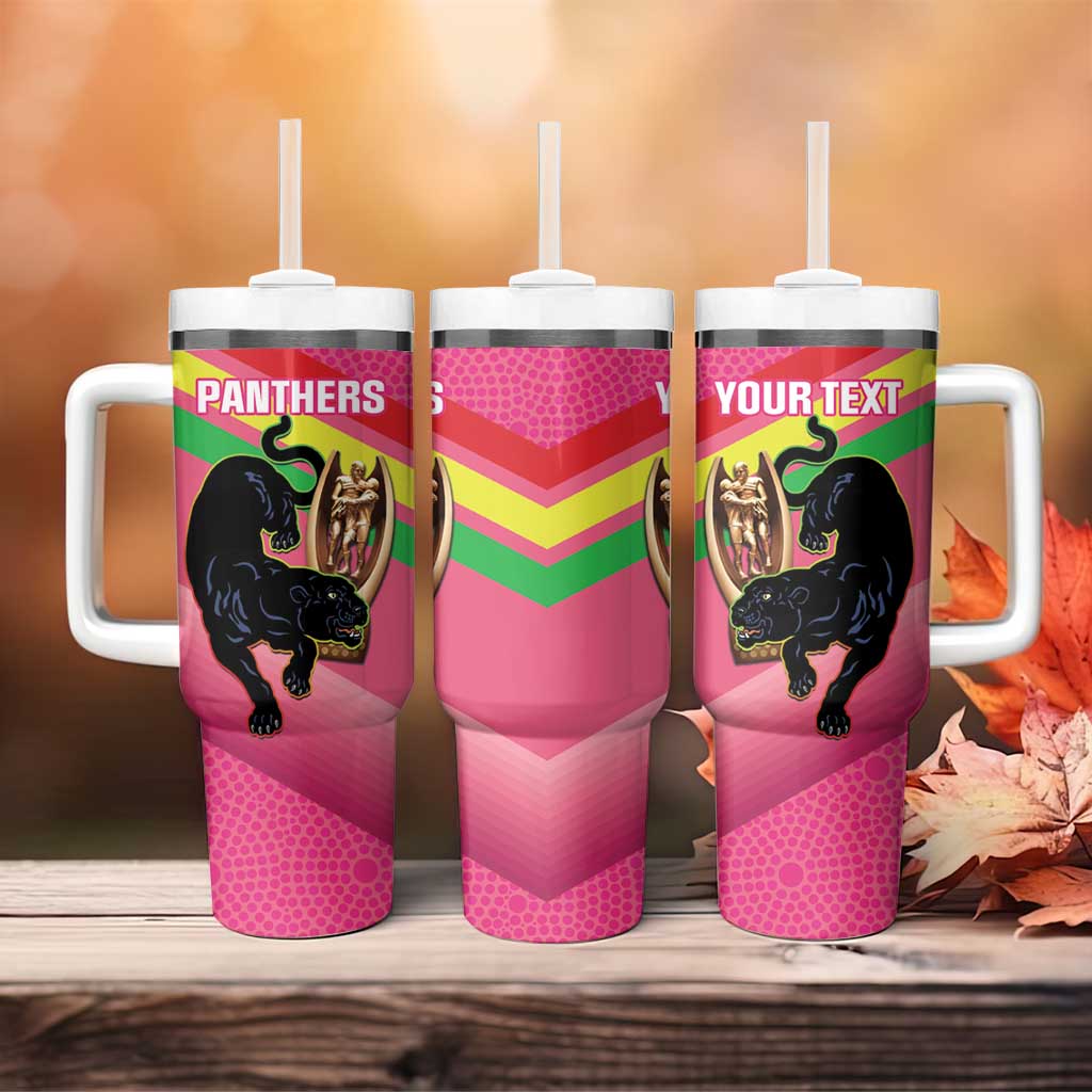 Personalised Panthers Rugby 2024 Tumbler With Handle Mascot With Trophy Go Champions Aboriginal Art - Pink