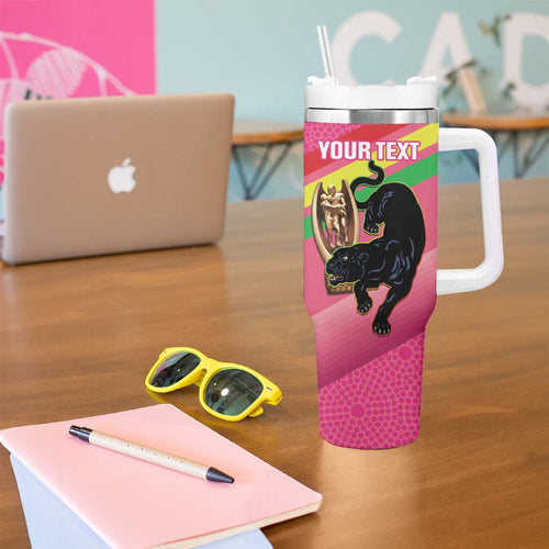 Personalised Panthers Rugby 2024 Tumbler With Handle Mascot With Trophy Go Champions Aboriginal Art - Pink