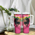 Personalised Panthers Rugby 2024 Tumbler With Handle Mascot With Trophy Go Champions Aboriginal Art - Pink