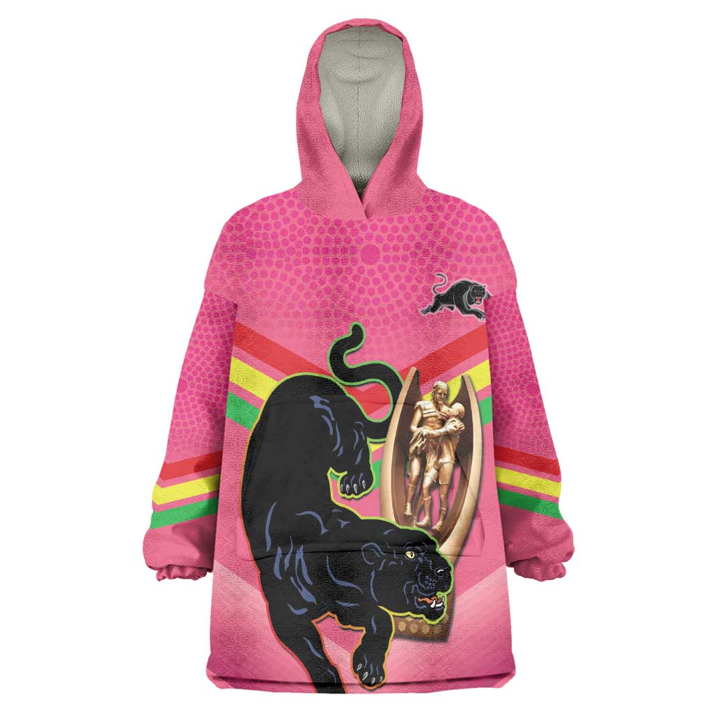 Personalised Panthers Rugby 2024 Wearable Blanket Hoodie Mascot With Trophy Go Champions Aboriginal Art - Pink