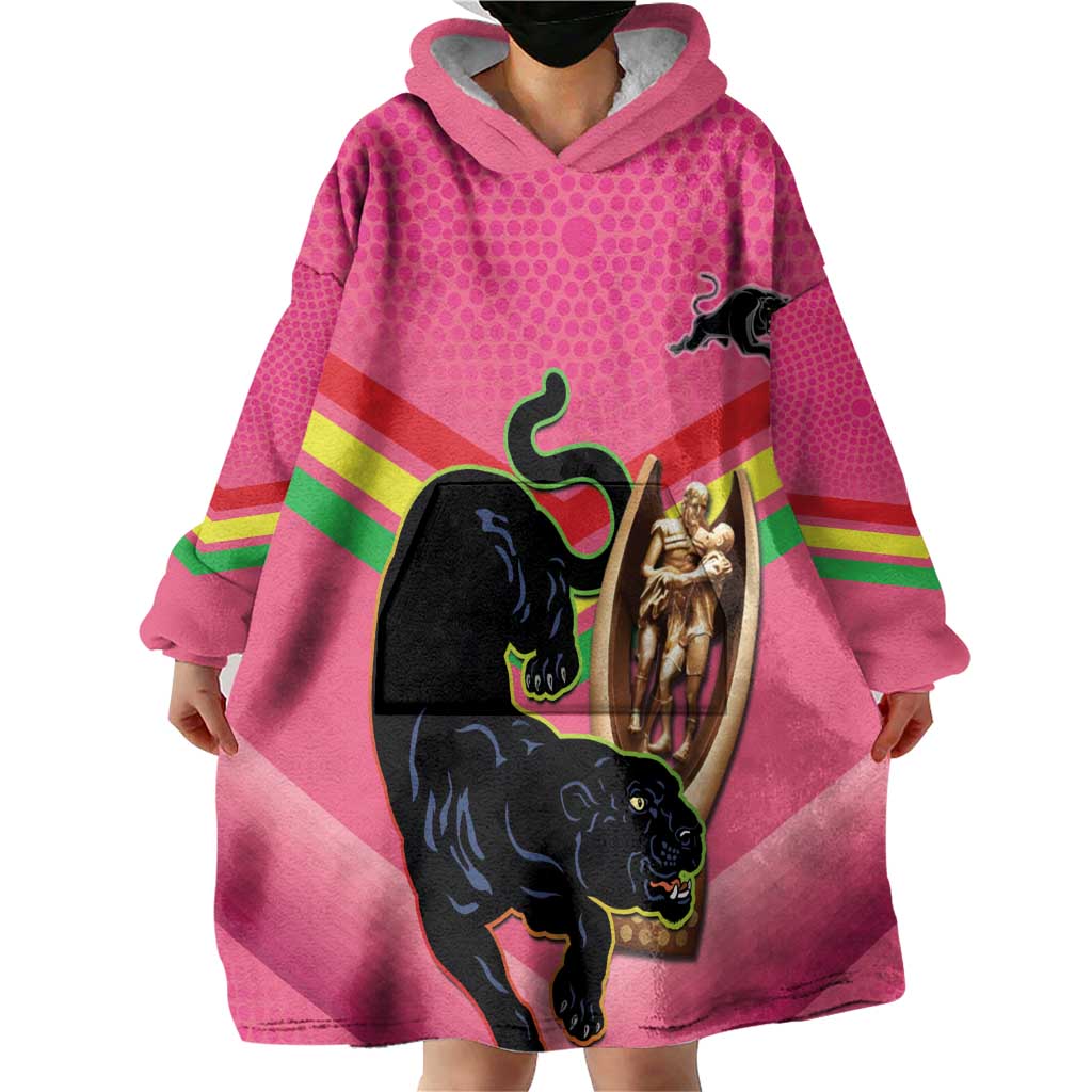 Personalised Panthers Rugby 2024 Wearable Blanket Hoodie Mascot With Trophy Go Champions Aboriginal Art - Pink