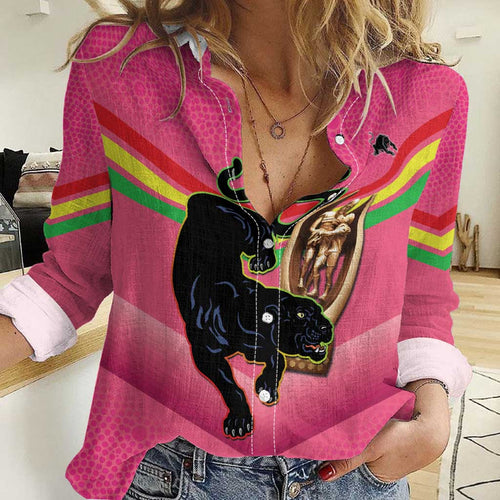 Personalised Panthers Rugby 2024 Women Casual Shirt Mascot With Trophy Go Champions Aboriginal Art - Pink