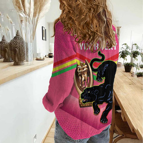 Personalised Panthers Rugby 2024 Women Casual Shirt Mascot With Trophy Go Champions Aboriginal Art - Pink