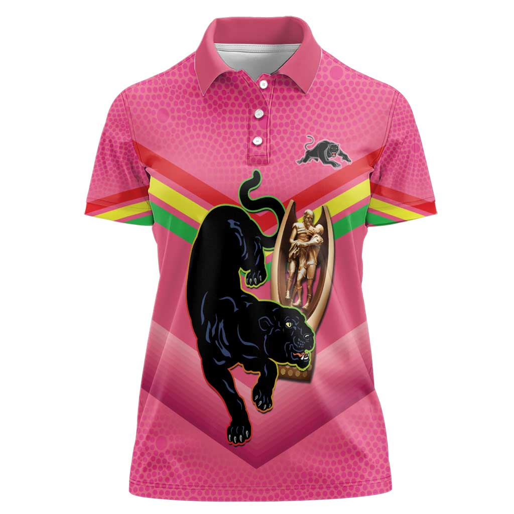 Personalised Panthers Rugby 2024 Women Polo Shirt Mascot With Trophy Go Champions Aboriginal Art - Pink