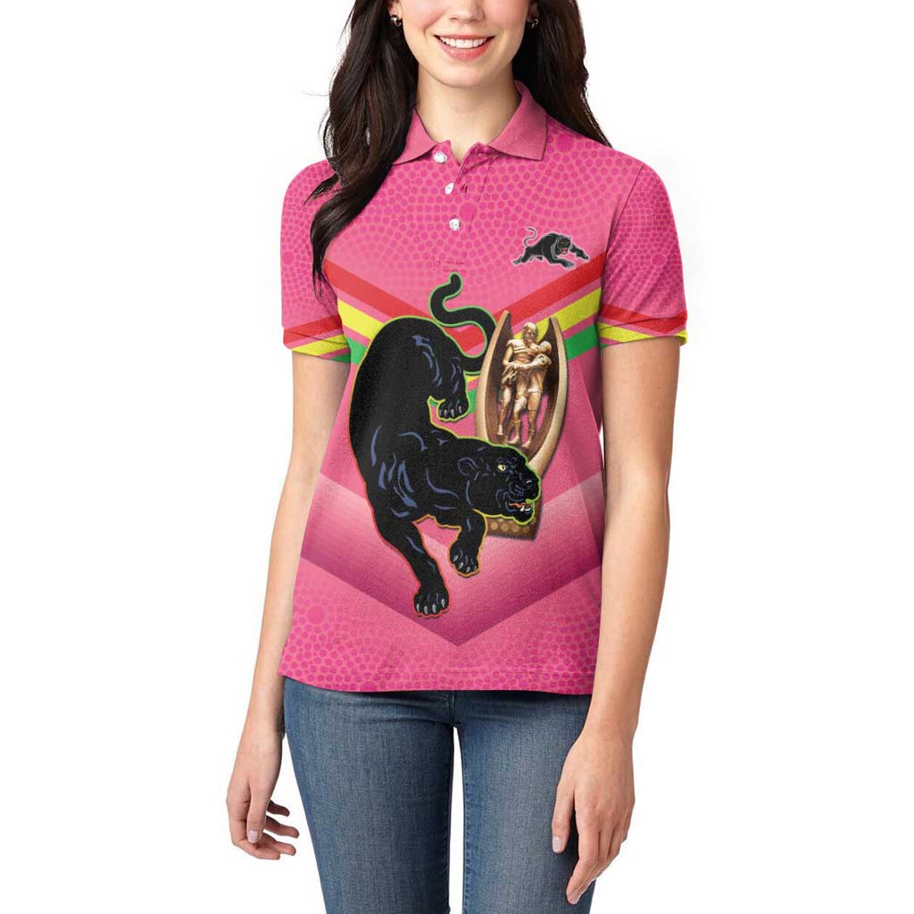 Personalised Panthers Rugby 2024 Women Polo Shirt Mascot With Trophy Go Champions Aboriginal Art - Pink