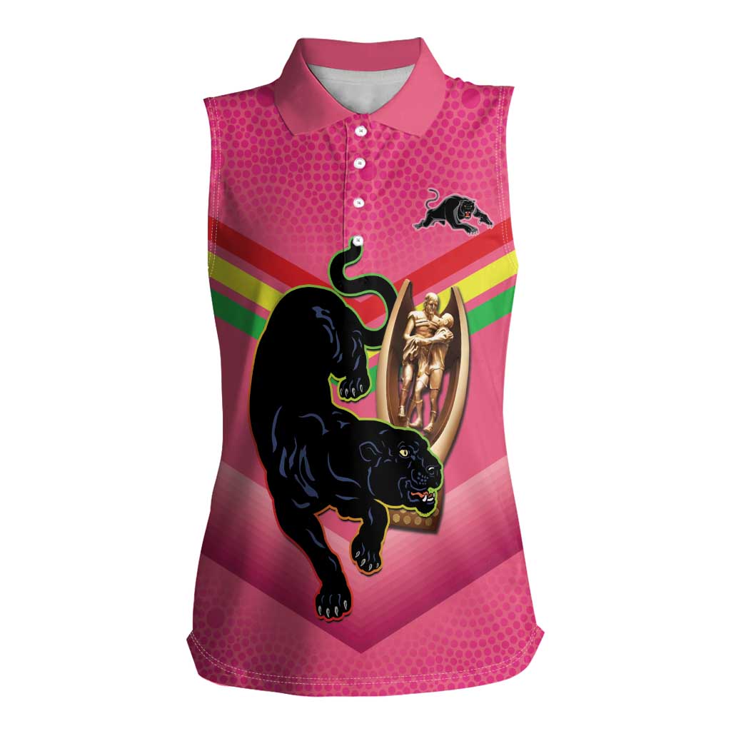 Personalised Panthers Rugby 2024 Women Sleeveless Polo Shirt Mascot With Trophy Go Champions Aboriginal Art - Pink