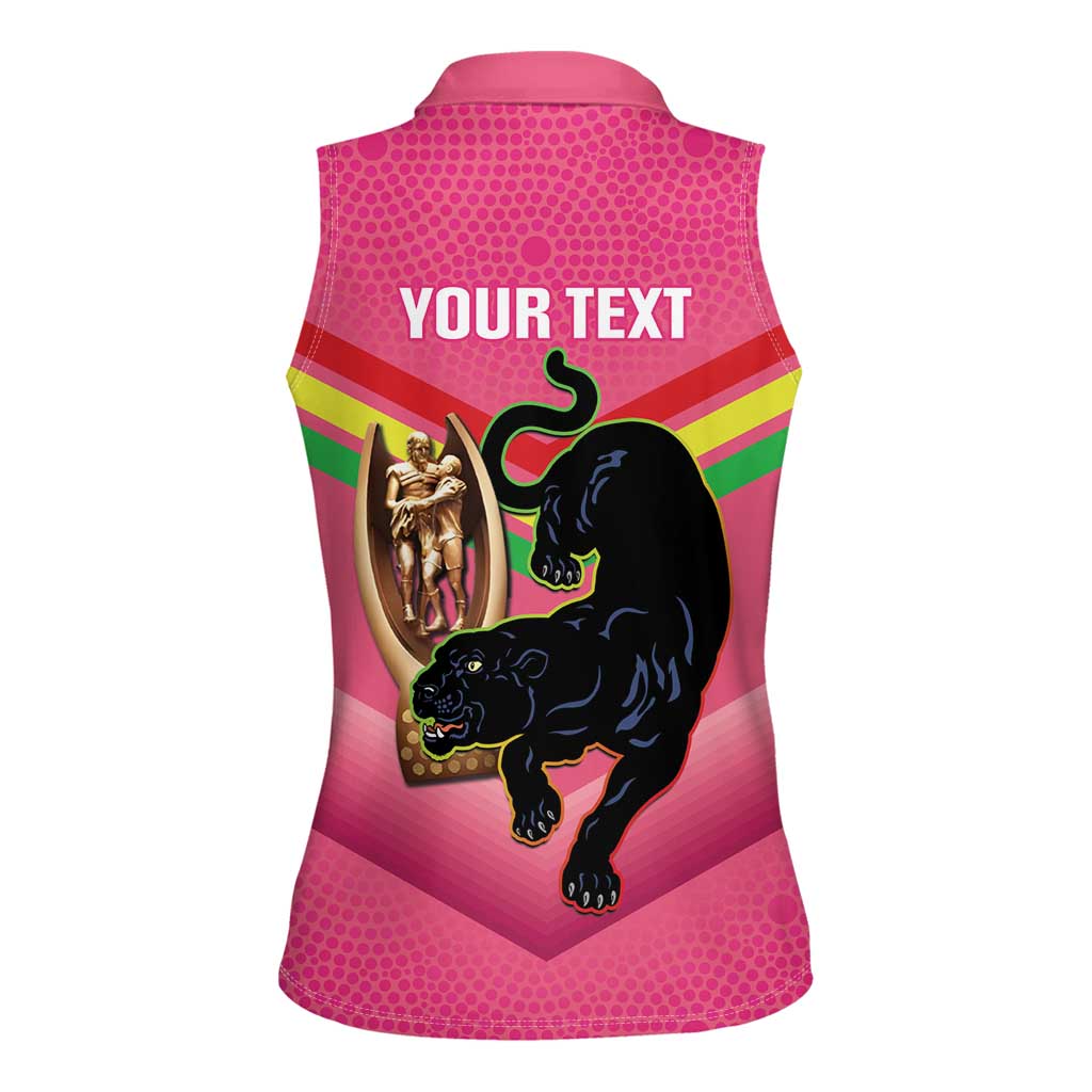 Personalised Panthers Rugby 2024 Women Sleeveless Polo Shirt Mascot With Trophy Go Champions Aboriginal Art - Pink