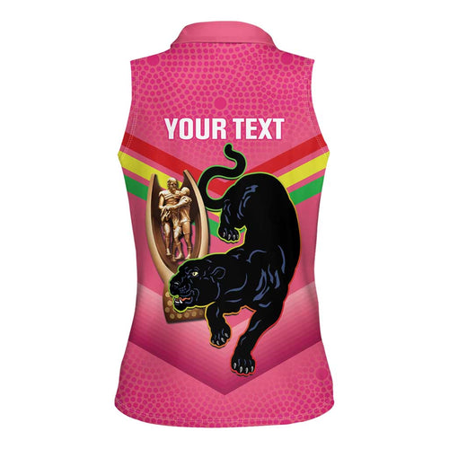 Personalised Panthers Rugby 2024 Women Sleeveless Polo Shirt Mascot With Trophy Go Champions Aboriginal Art - Pink