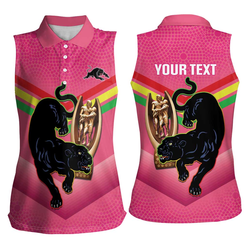 Personalised Panthers Rugby 2024 Women Sleeveless Polo Shirt Mascot With Trophy Go Champions Aboriginal Art - Pink