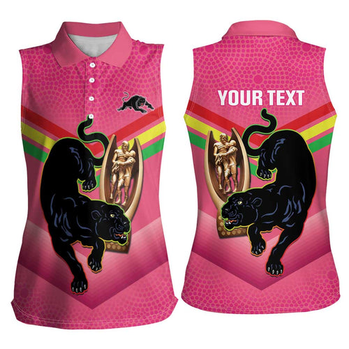 Personalised Panthers Rugby 2024 Women Sleeveless Polo Shirt Mascot With Trophy Go Champions Aboriginal Art - Pink