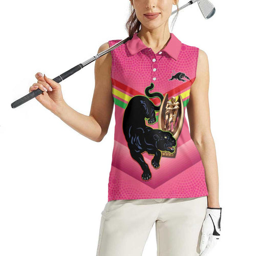 Personalised Panthers Rugby 2024 Women Sleeveless Polo Shirt Mascot With Trophy Go Champions Aboriginal Art - Pink