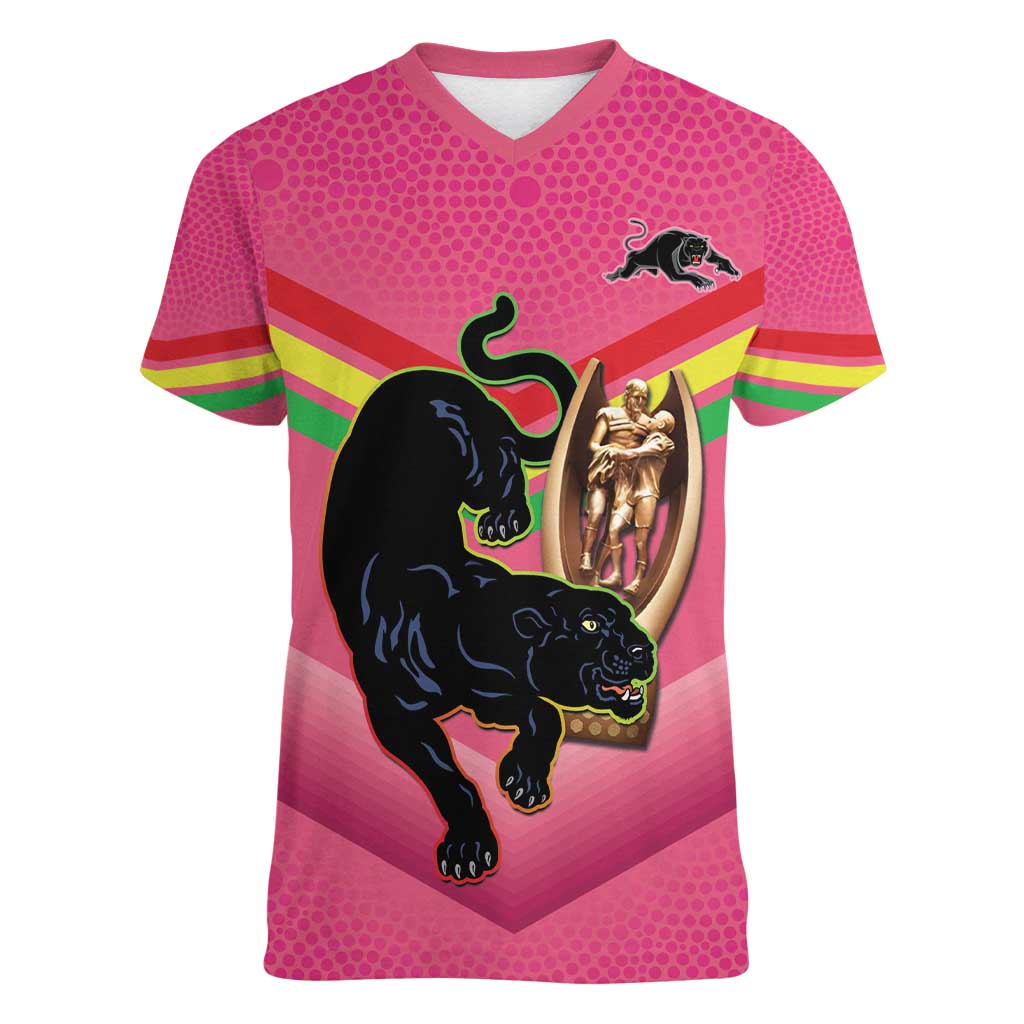 Personalised Panthers Rugby 2024 Women V-Neck T-Shirt Mascot With Trophy Go Champions Aboriginal Art - Pink