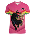 Personalised Panthers Rugby 2024 Women V-Neck T-Shirt Mascot With Trophy Go Champions Aboriginal Art - Pink
