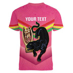 Personalised Panthers Rugby 2024 Women V-Neck T-Shirt Mascot With Trophy Go Champions Aboriginal Art - Pink