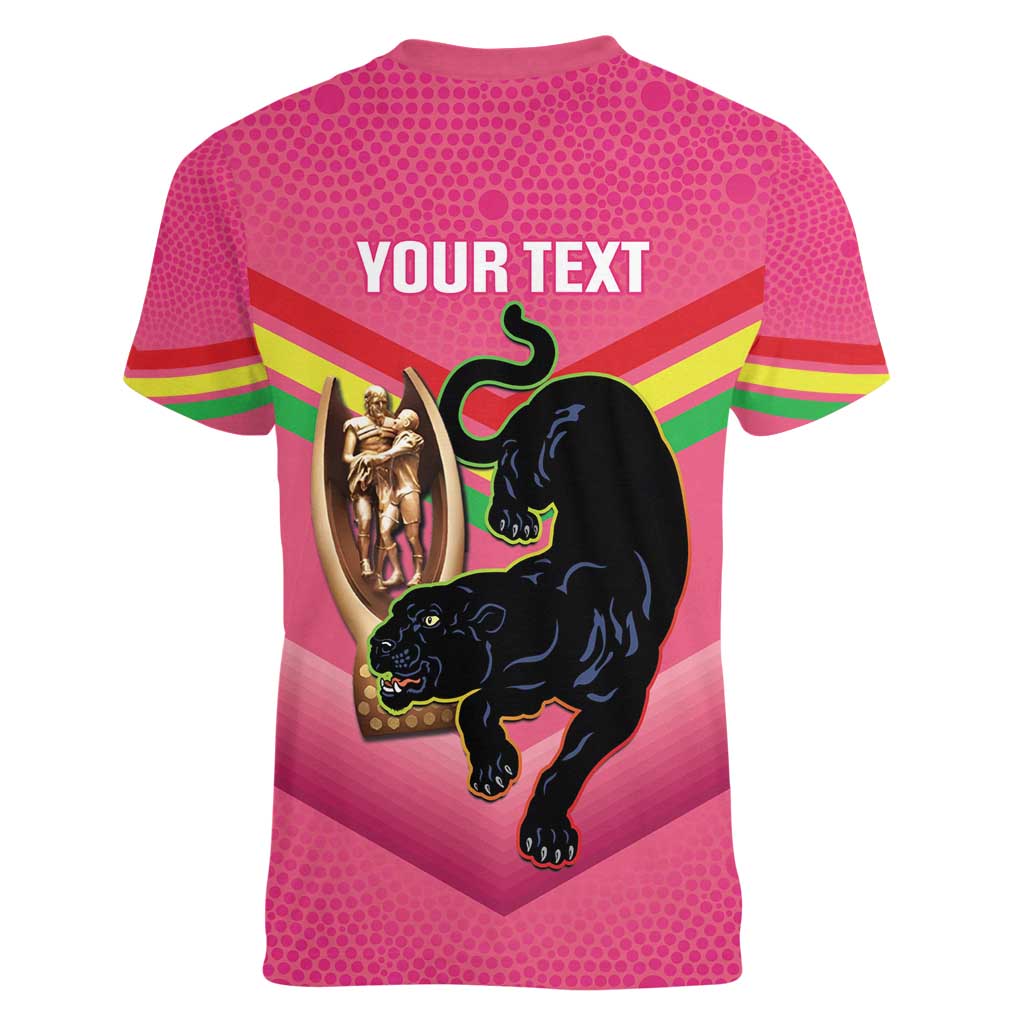 Personalised Panthers Rugby 2024 Women V-Neck T-Shirt Mascot With Trophy Go Champions Aboriginal Art - Pink