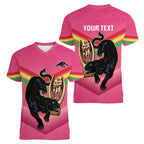 Personalised Panthers Rugby 2024 Women V-Neck T-Shirt Mascot With Trophy Go Champions Aboriginal Art - Pink