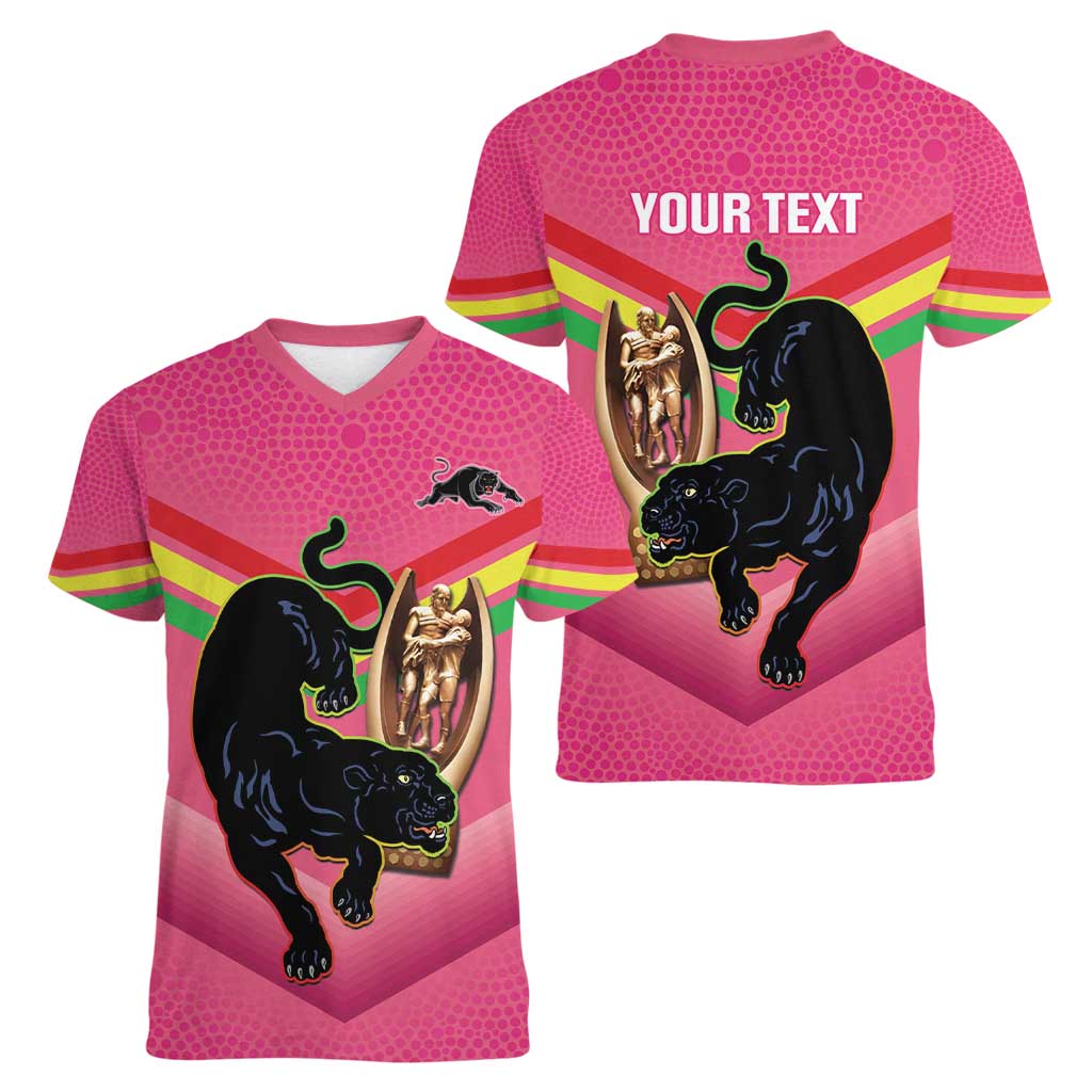 Personalised Panthers Rugby 2024 Women V-Neck T-Shirt Mascot With Trophy Go Champions Aboriginal Art - Pink