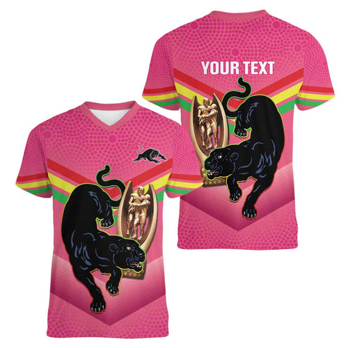 Personalised Panthers Rugby 2024 Women V-Neck T-Shirt Mascot With Trophy Go Champions Aboriginal Art - Pink