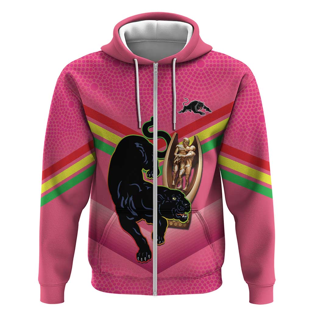 Personalised Panthers Rugby 2024 Zip Hoodie Mascot With Trophy Go Champions Aboriginal Art - Pink