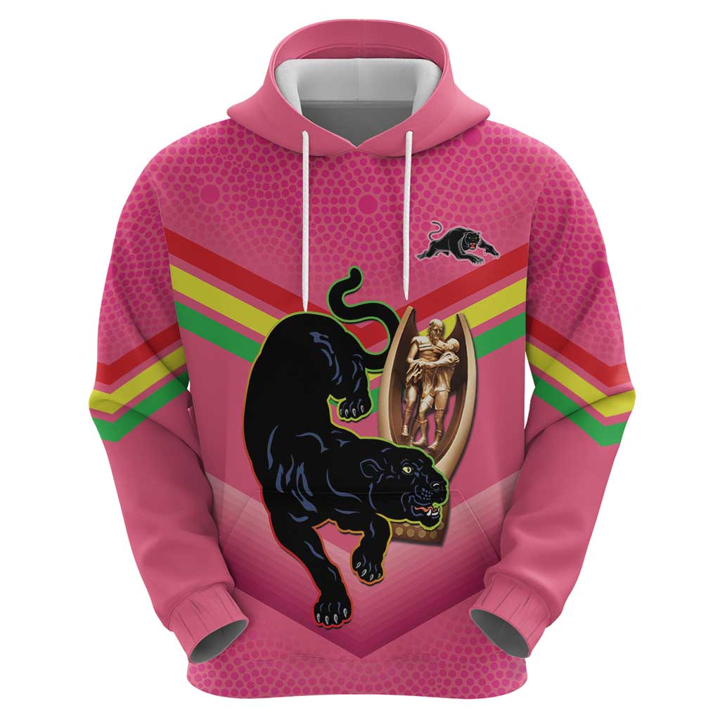 Personalised Panthers Rugby 2024 Zip Hoodie Mascot With Trophy Go Champions Aboriginal Art - Pink
