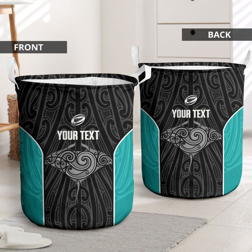 Custom New Zealand Stingray Oztag Laundry Basket Tag Rugby Maori Pattern Black Version