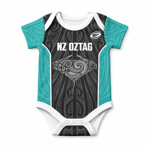 Custom New Zealand Stingray Oztag Baby Onesie Tag Rugby Maori Pattern Black Version