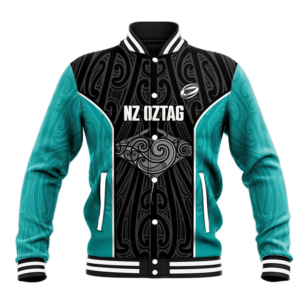 Custom New Zealand Stingray Oztag Baseball Jacket Tag Rugby Maori Pattern Black Version