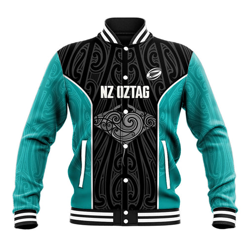 Custom New Zealand Stingray Oztag Baseball Jacket Tag Rugby Maori Pattern Black Version