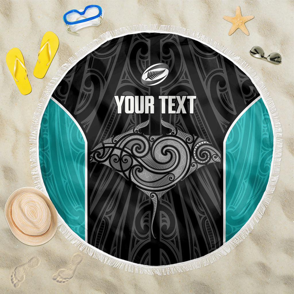Custom New Zealand Stingray Oztag Beach Blanket Tag Rugby Maori Pattern Black Version