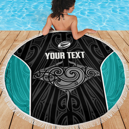 Custom New Zealand Stingray Oztag Beach Blanket Tag Rugby Maori Pattern Black Version