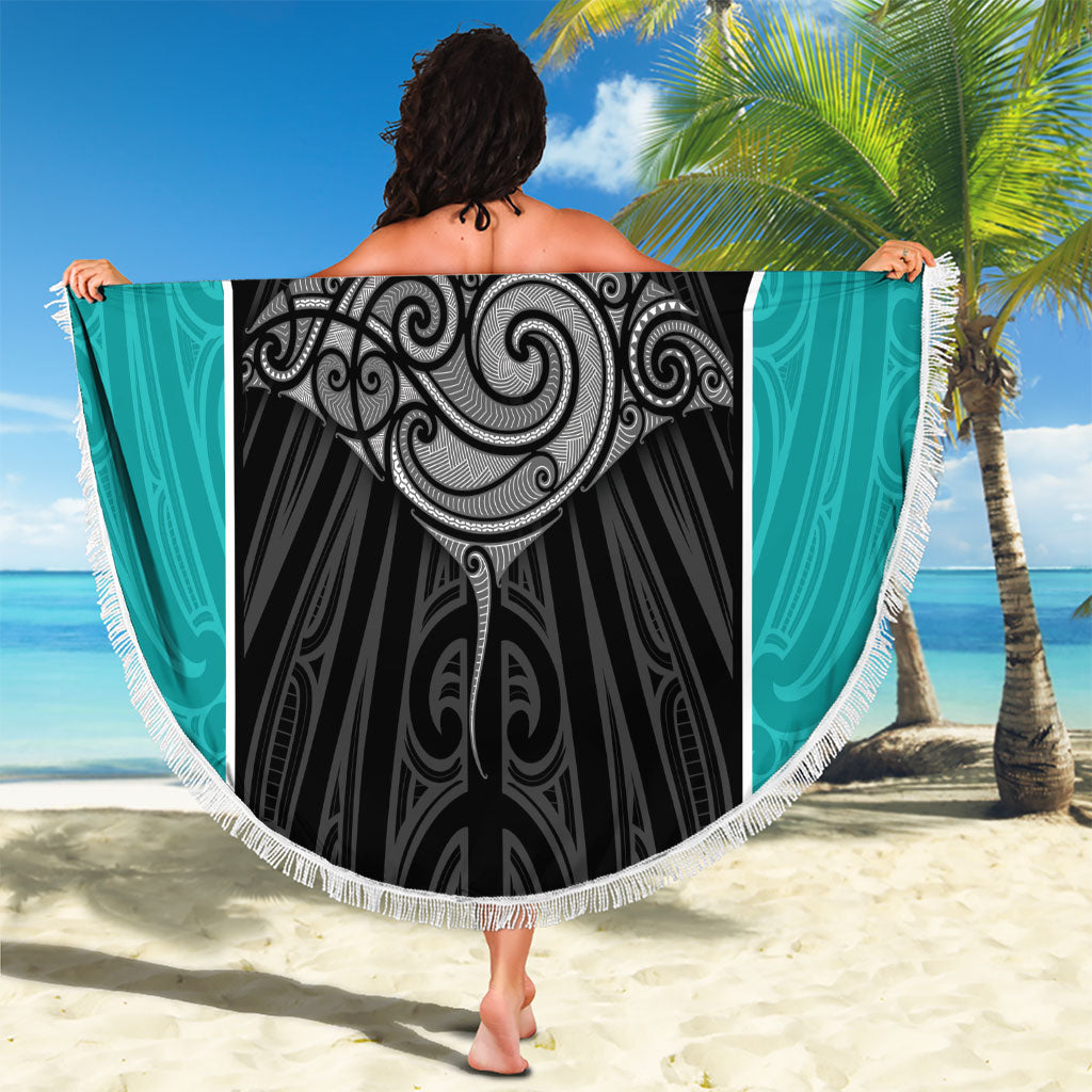 Custom New Zealand Stingray Oztag Beach Blanket Tag Rugby Maori Pattern Black Version