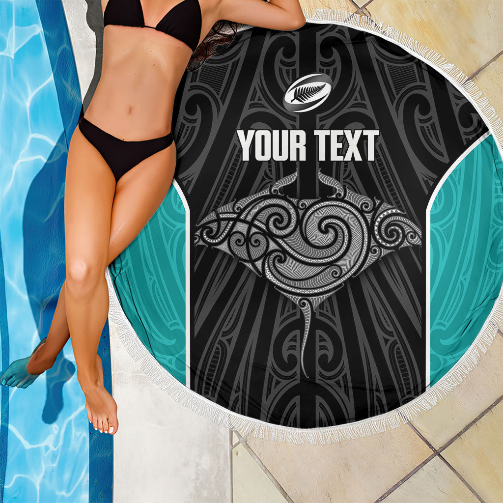Custom New Zealand Stingray Oztag Beach Blanket Tag Rugby Maori Pattern Black Version