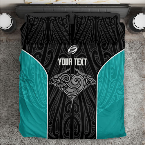 Custom New Zealand Stingray Oztag Bedding Set Tag Rugby Maori Pattern Black Version