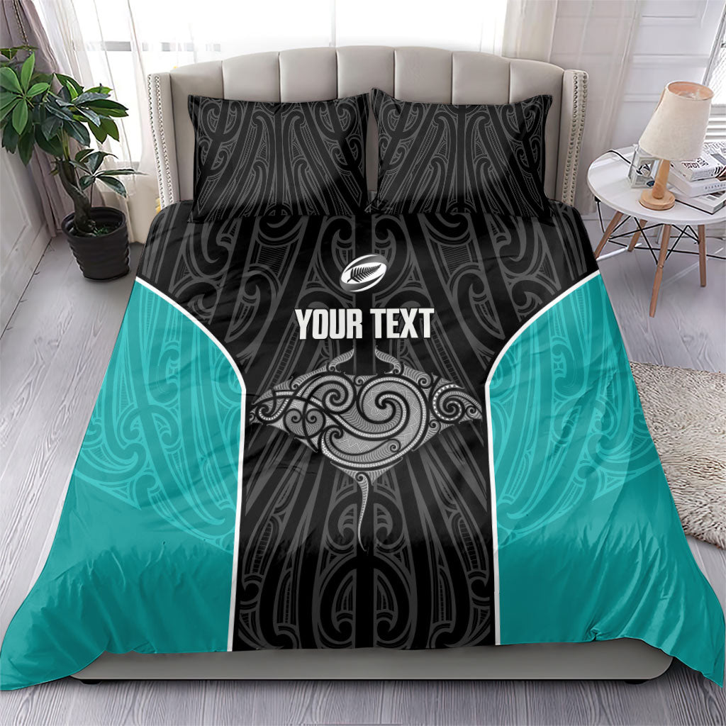 Custom New Zealand Stingray Oztag Bedding Set Tag Rugby Maori Pattern Black Version