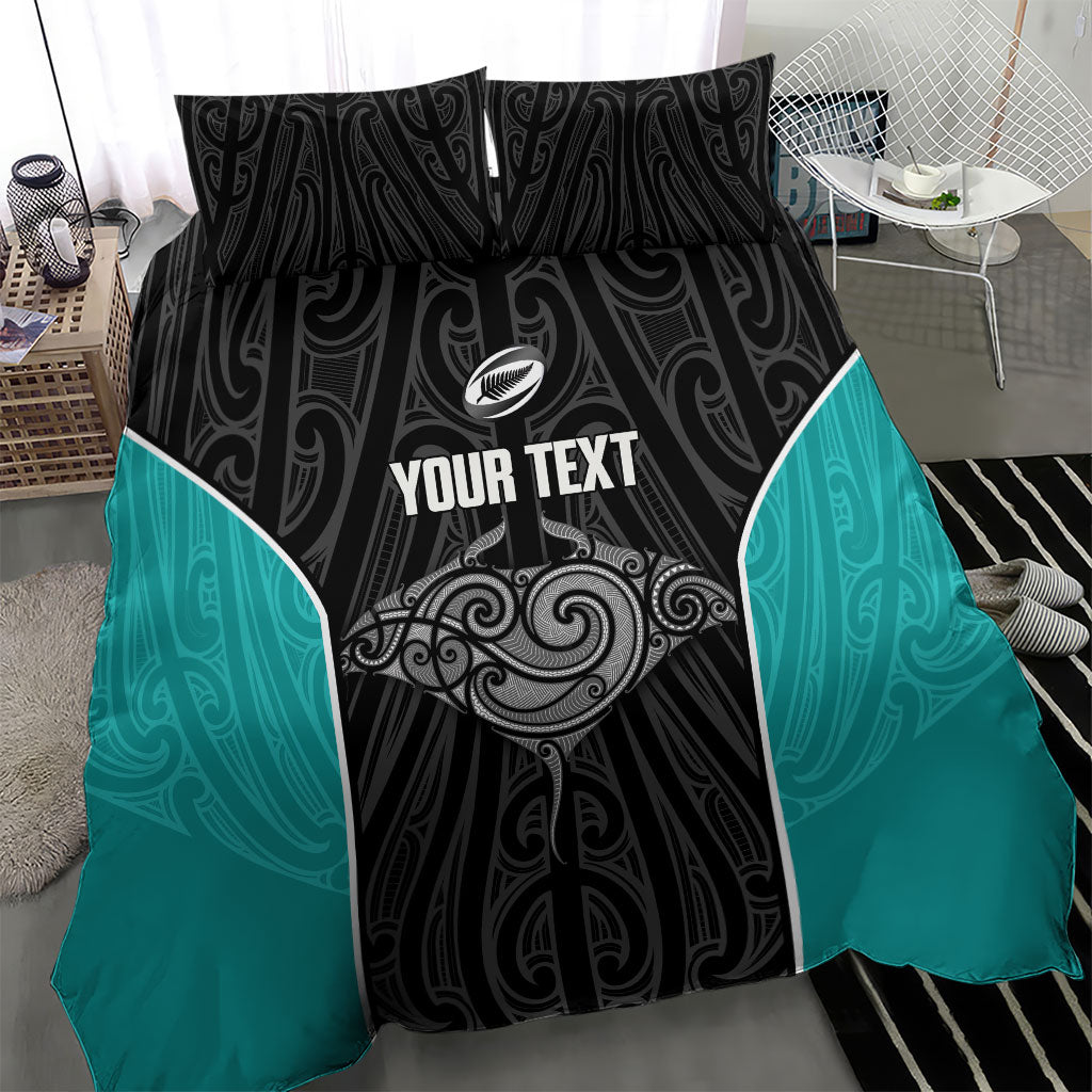 Custom New Zealand Stingray Oztag Bedding Set Tag Rugby Maori Pattern Black Version