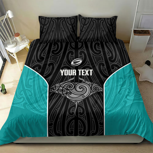 Custom New Zealand Stingray Oztag Bedding Set Tag Rugby Maori Pattern Black Version