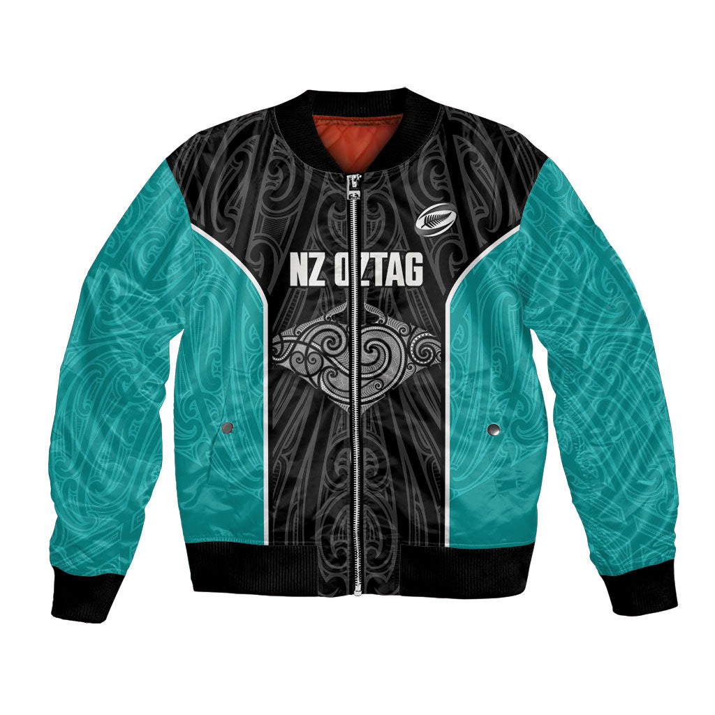 Custom New Zealand Stingray Oztag Bomber Jacket Tag Rugby Maori Pattern Black Version