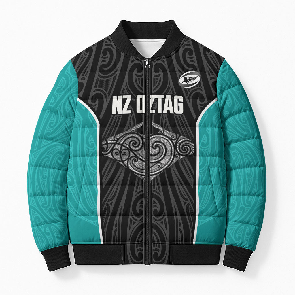Custom New Zealand Stingray Oztag Bomber Puffer Jacket Tag Rugby Maori Pattern Black Version