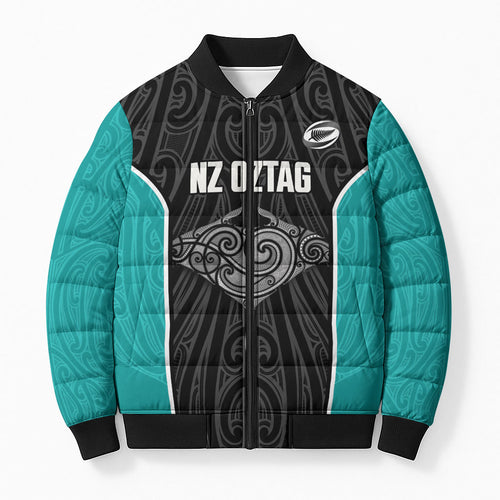 Custom New Zealand Stingray Oztag Bomber Puffer Jacket Tag Rugby Maori Pattern Black Version
