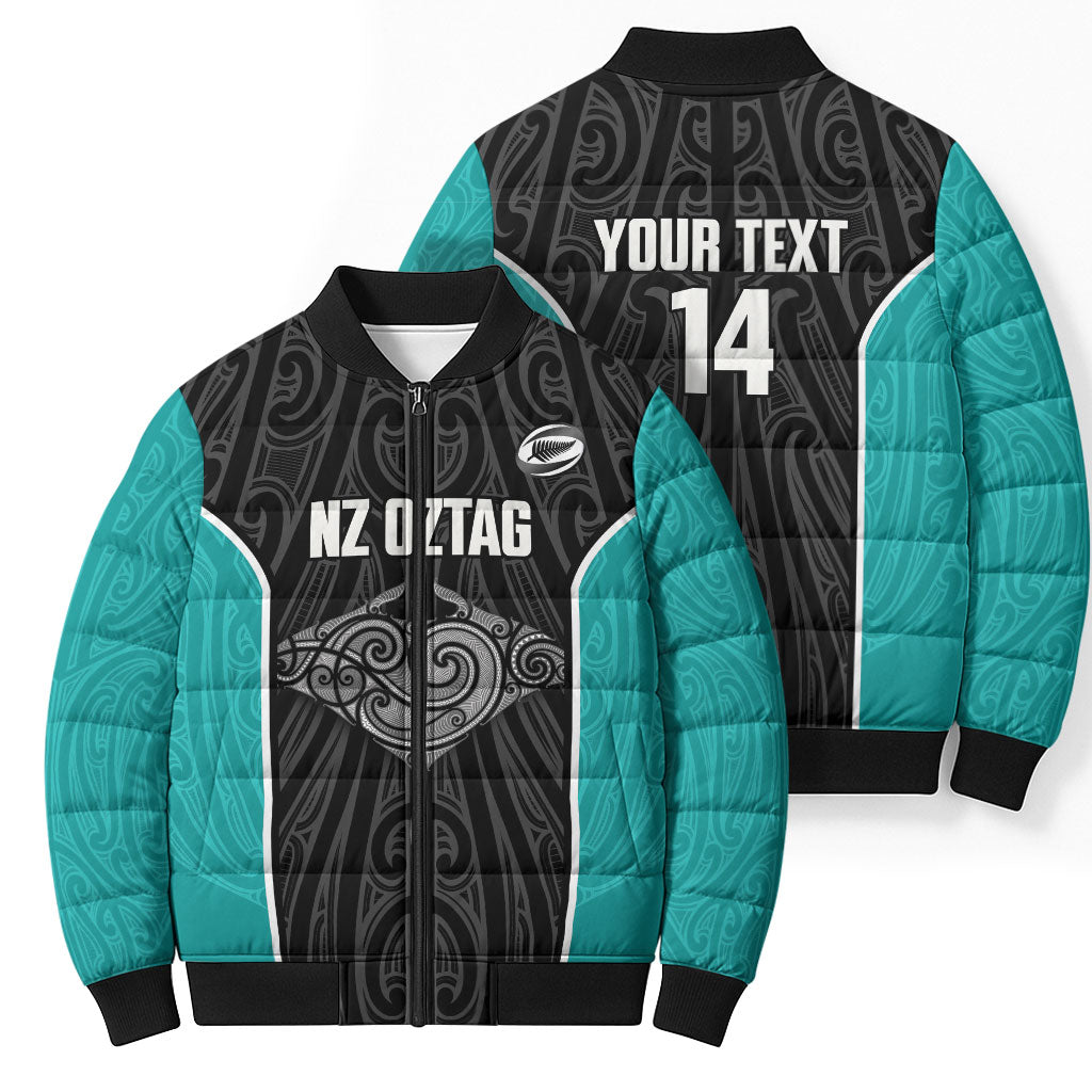 Custom New Zealand Stingray Oztag Bomber Puffer Jacket Tag Rugby Maori Pattern Black Version