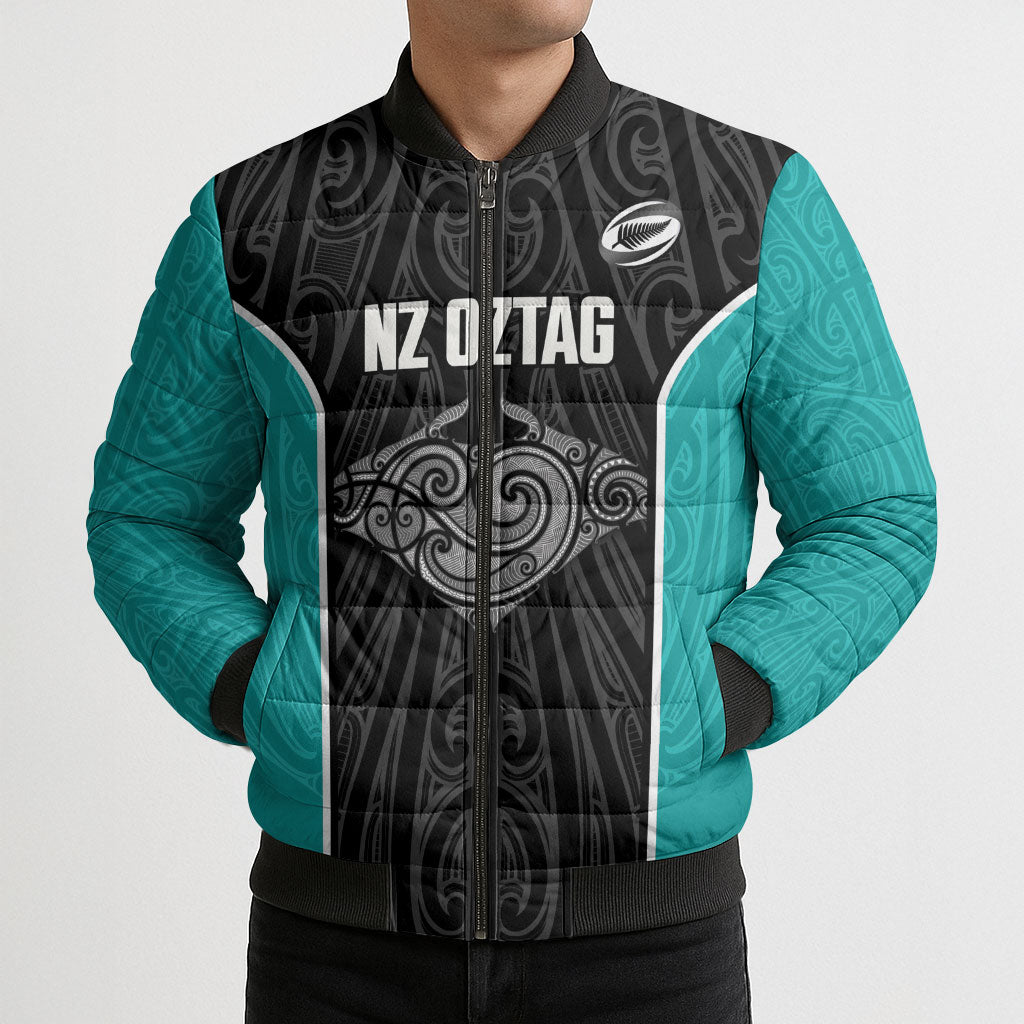 Custom New Zealand Stingray Oztag Bomber Puffer Jacket Tag Rugby Maori Pattern Black Version