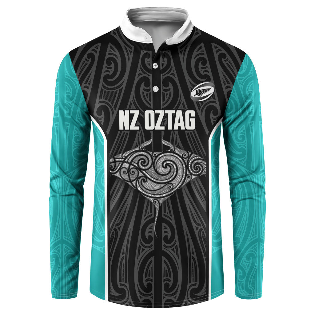 Custom New Zealand Stingray Oztag Button Sweatshirt Tag Rugby Maori Pattern Black Version